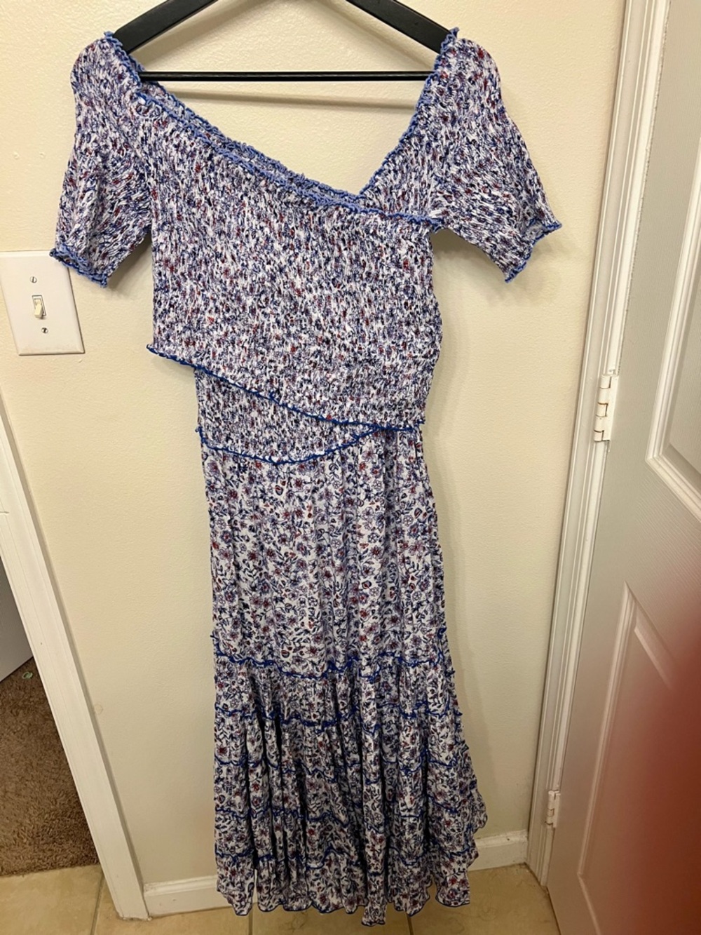 Poupette St. Barth Blue and White Floral Off-Shoulder Maxi Dress